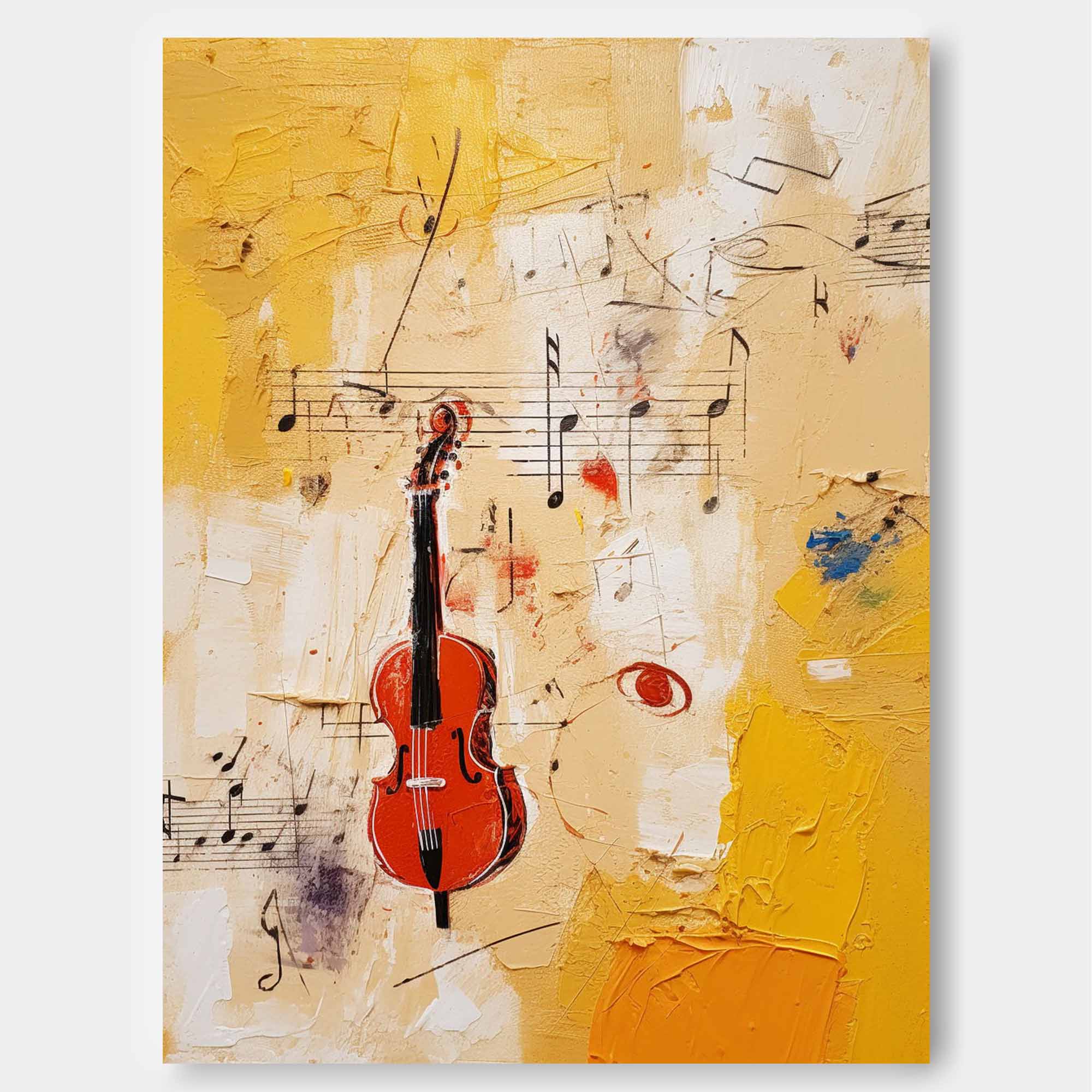 Original Violin Notes Abstract Wall Art Bright Modern Oil Painting Canvas Large Yellow Oil Painting for Home Decor