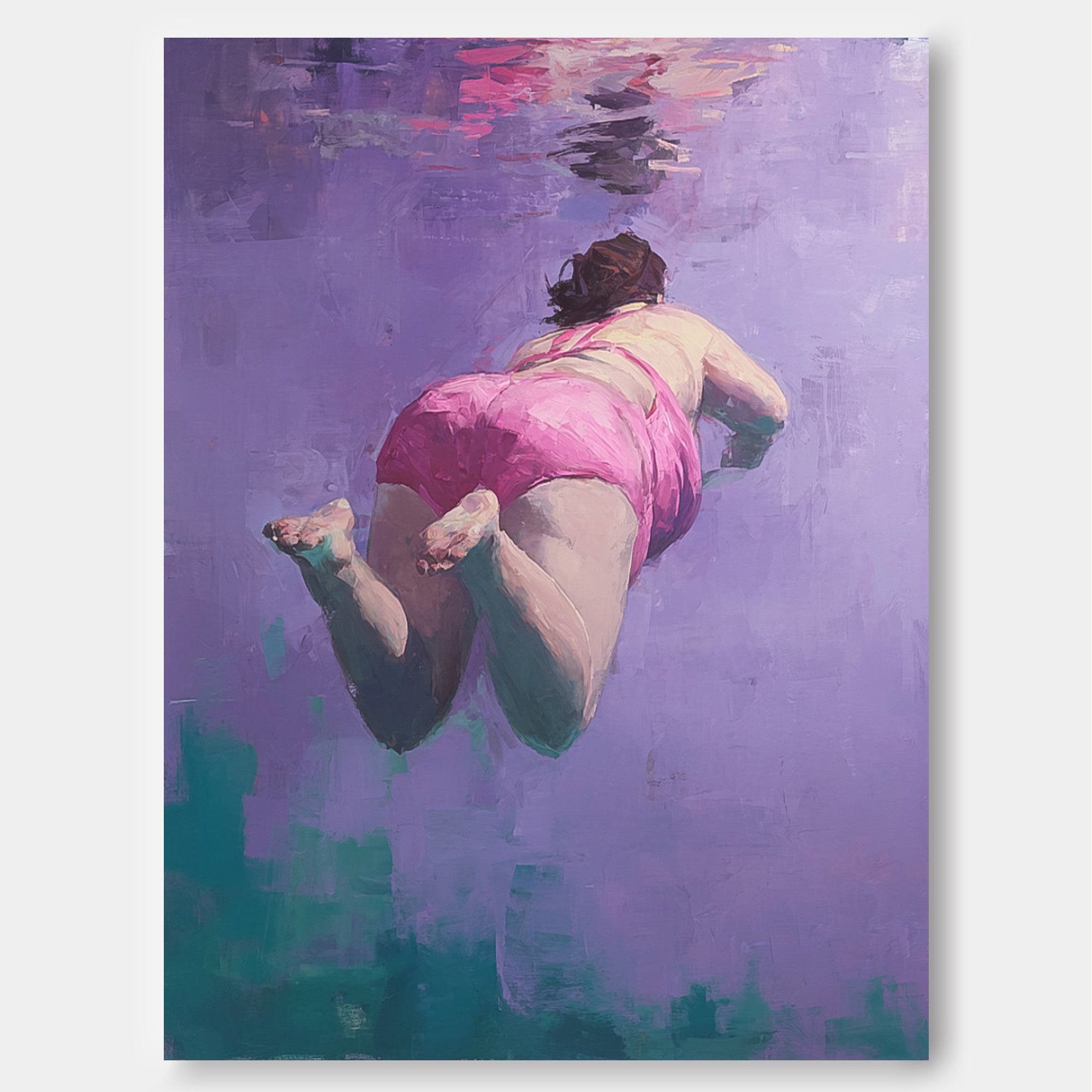 Purple Original Girl swimming Wall Art Diving In Ocean Sensual Woman Acrylic Painting Cute Lady Artwork