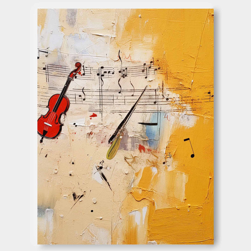 Bright Modern Violin Notes Abstract Wall Art Original Oil Painting Canvas Large Yellow Oil Painting for Home Decor