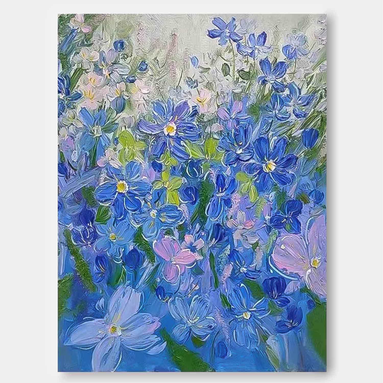 Modern Blue Purple Flower Wall Art Abstract Acrylic Painting On Canvas Large Enchanting Floral Artwork