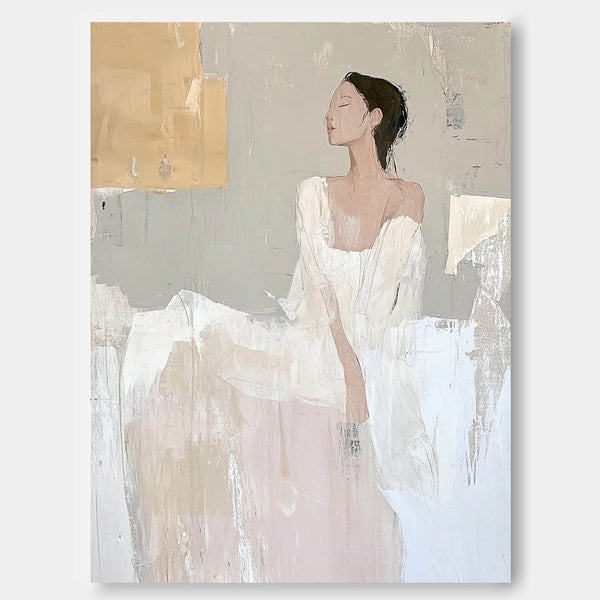 Minimalism White Large Figure Painting Shadow Abstract Artwork Original Woman Silhouettes Wall Art For Living Room