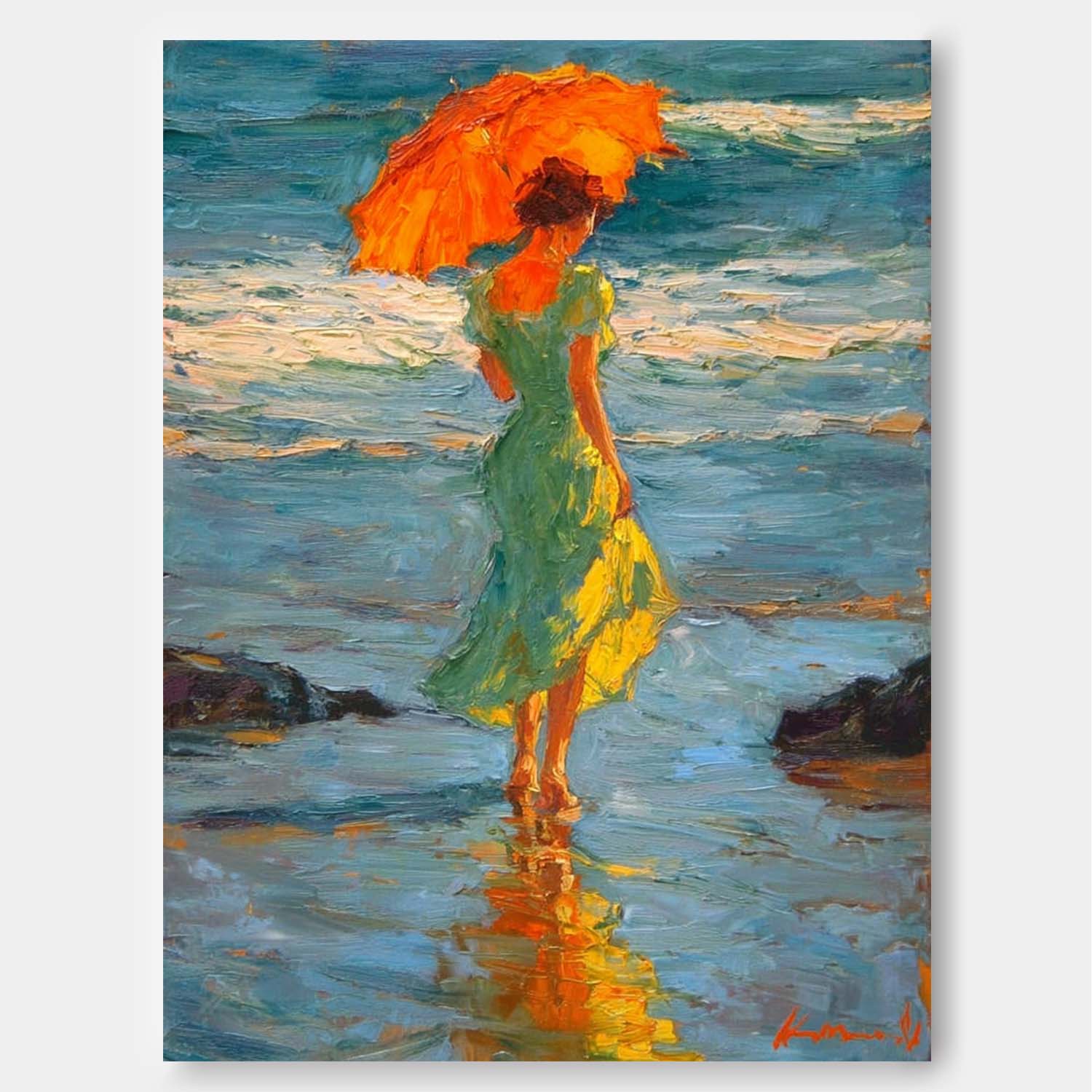 Original Impressionist Painting Lady In Green Dress With Orange Parasol Strolling Seashore Unique Art