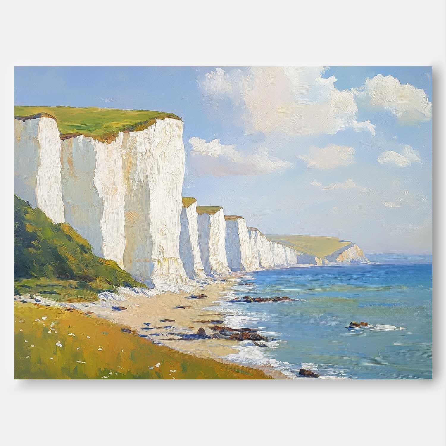 Abstract Tranquil Sea View Landscape White Cliffs And Coastal Scenery Painting Large Fresh Blues Wall Art