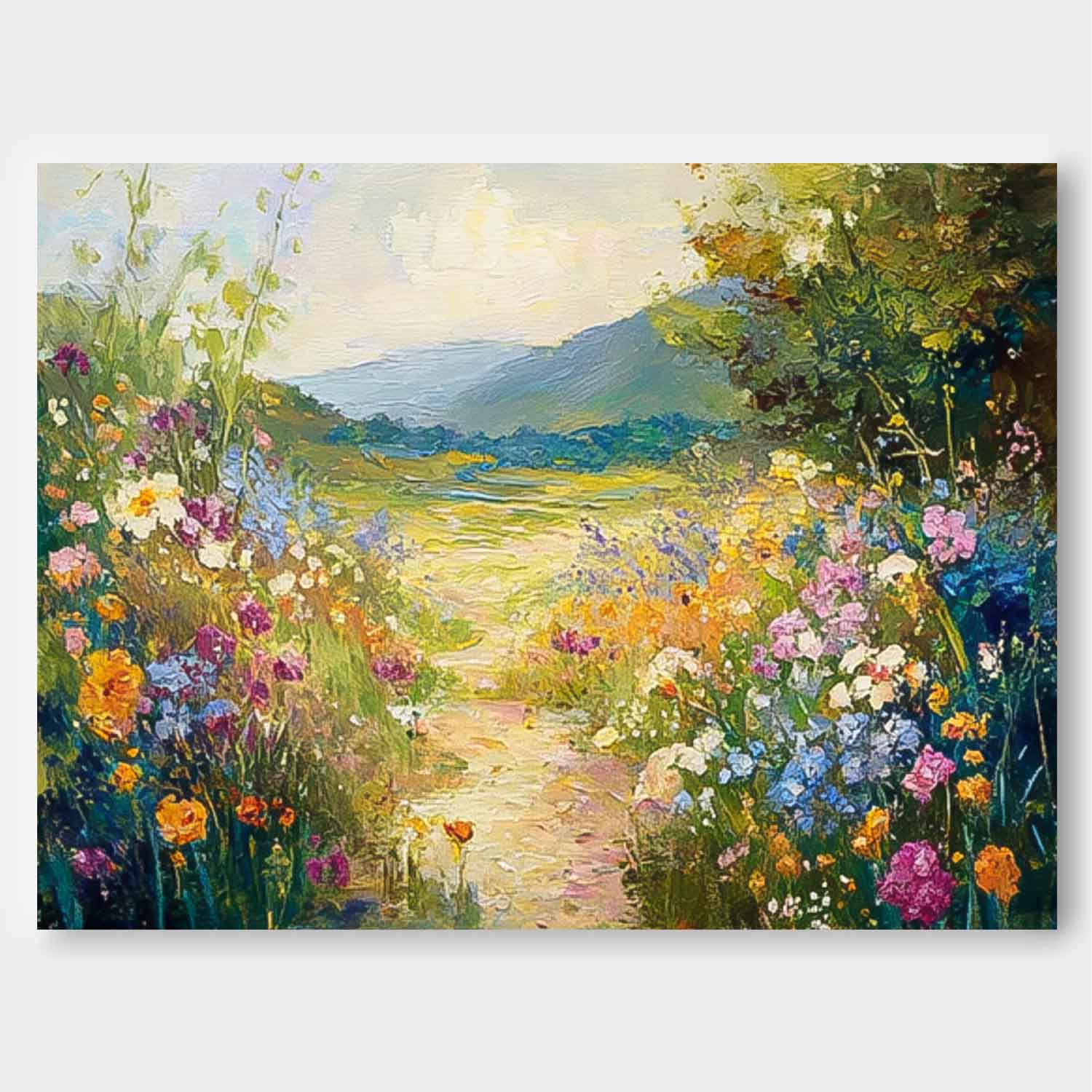 Impressionist Wildflower Meadow Landscape painting Textured Mountain Flower Field Artwork Rustic Nature Wall Art