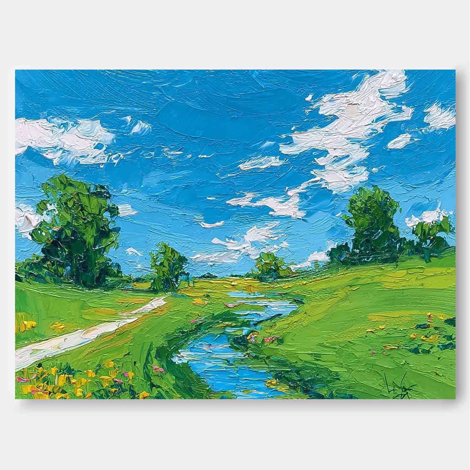 Abstract Fields And Rvers Landscape Oil Painting  Rural Warmth Artwork Large Texture Scenery Wall Art Framed