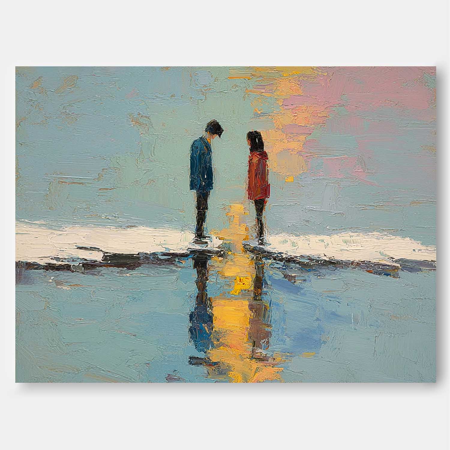 Abstract Couple Palette Knife Painting Sunset Water Reflection Wall Art Large Impressionist Canvas for Living Room