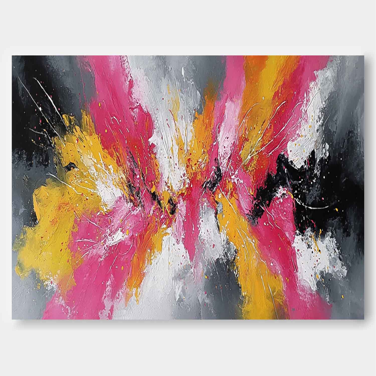 Modern Abstract Canvas Art Bright Pink & Yellow Explosion Textured Oil Painting For Home Wall Decor