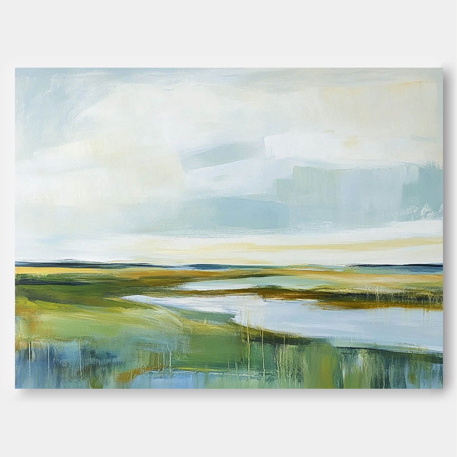 Abstract Lake Landscape Oil Painting Green Countryside Landscape Artwork Large Blue Texture Wall Art Framed
