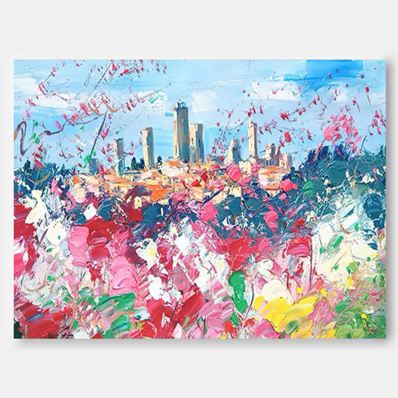 Modern Abstract Cityscape Oil Painting Large Flowers Texture Painting On Canvas Blue Pink Wall Art Living Room Decoration