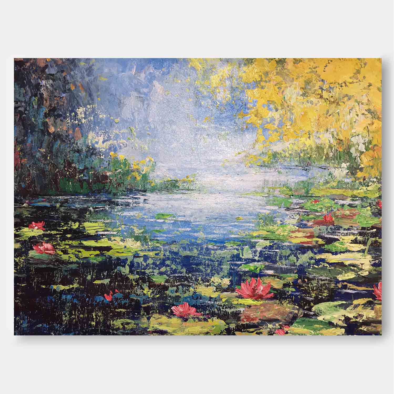 Modern Scenery Framed Wall Art Original Riverside Flowers Acrylic Painting On Canvas Large Artwork Gift