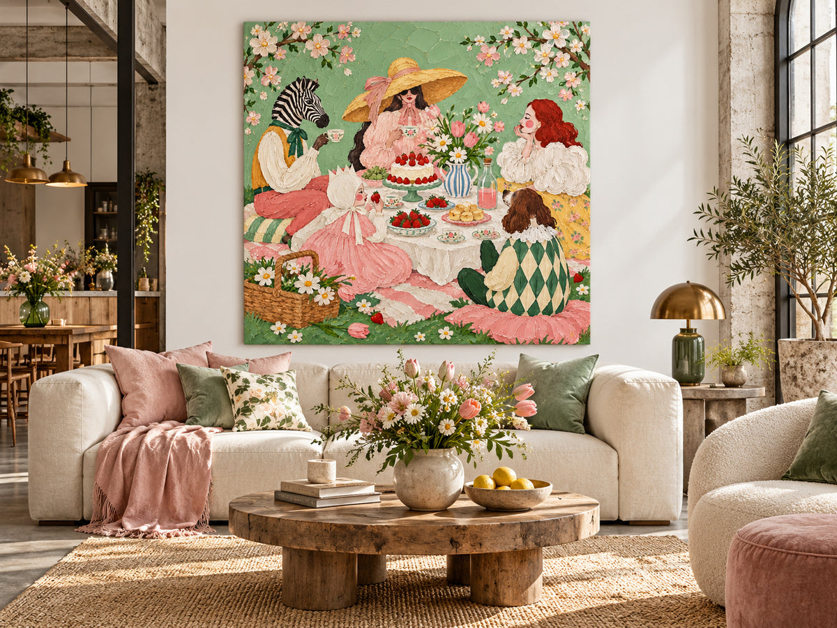 Surreal Zebra And Ladies Picnic Hand-Painted Canvas Art With Strawberry Cake