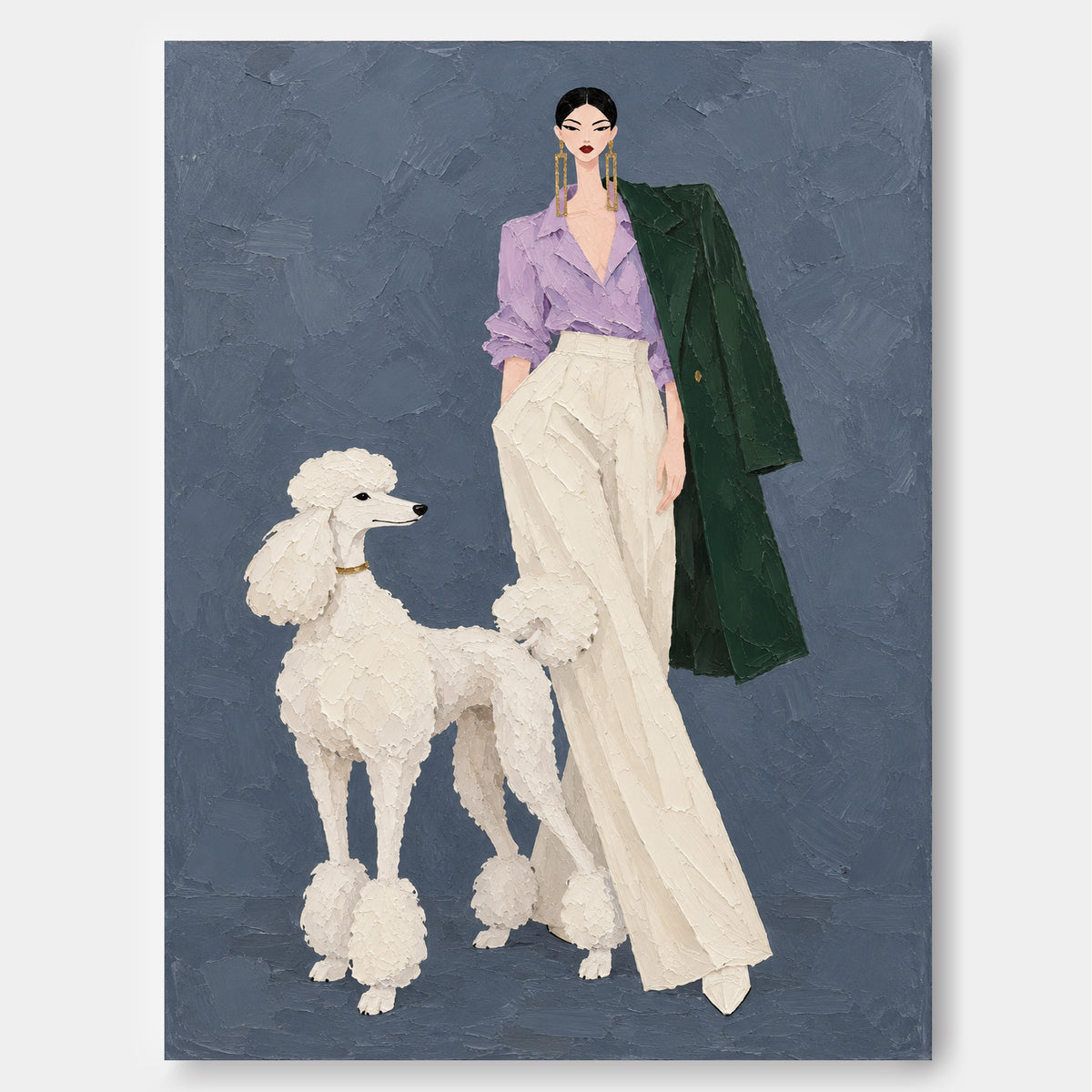 Fashion Lady With Poodle Hand-Painted Canvas Art In Purple And Blue