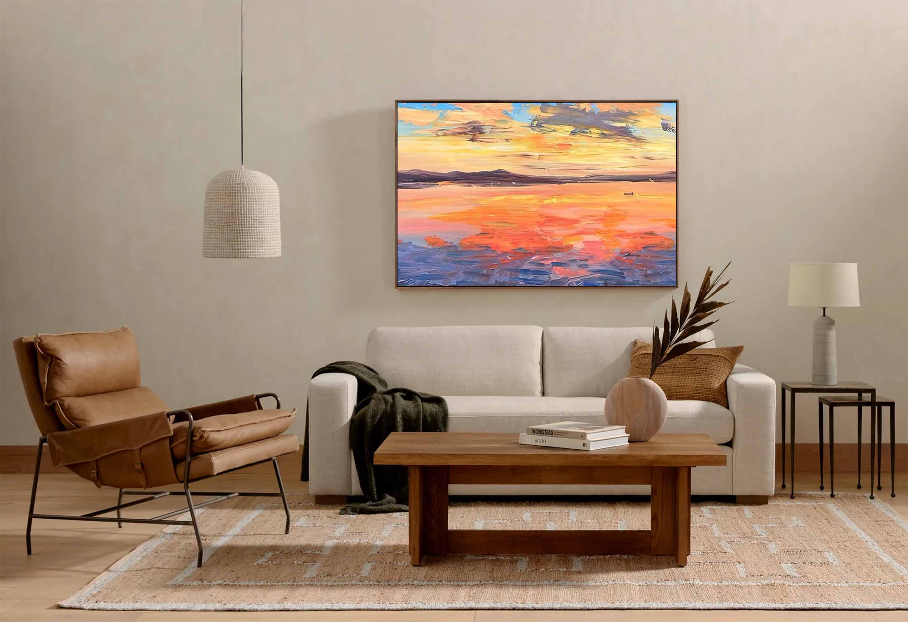 Original Sunset Seascape Oil Painting On Canvas Large Wall Art Abstract Yellow Ocean Landscape Painting Living Room Decor