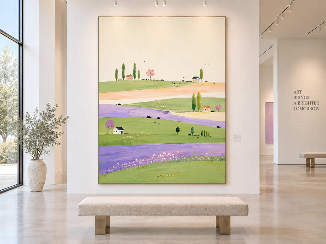 Whimsical Lavender Field Landscape Hand-Painted Canvas Art With Green Hills