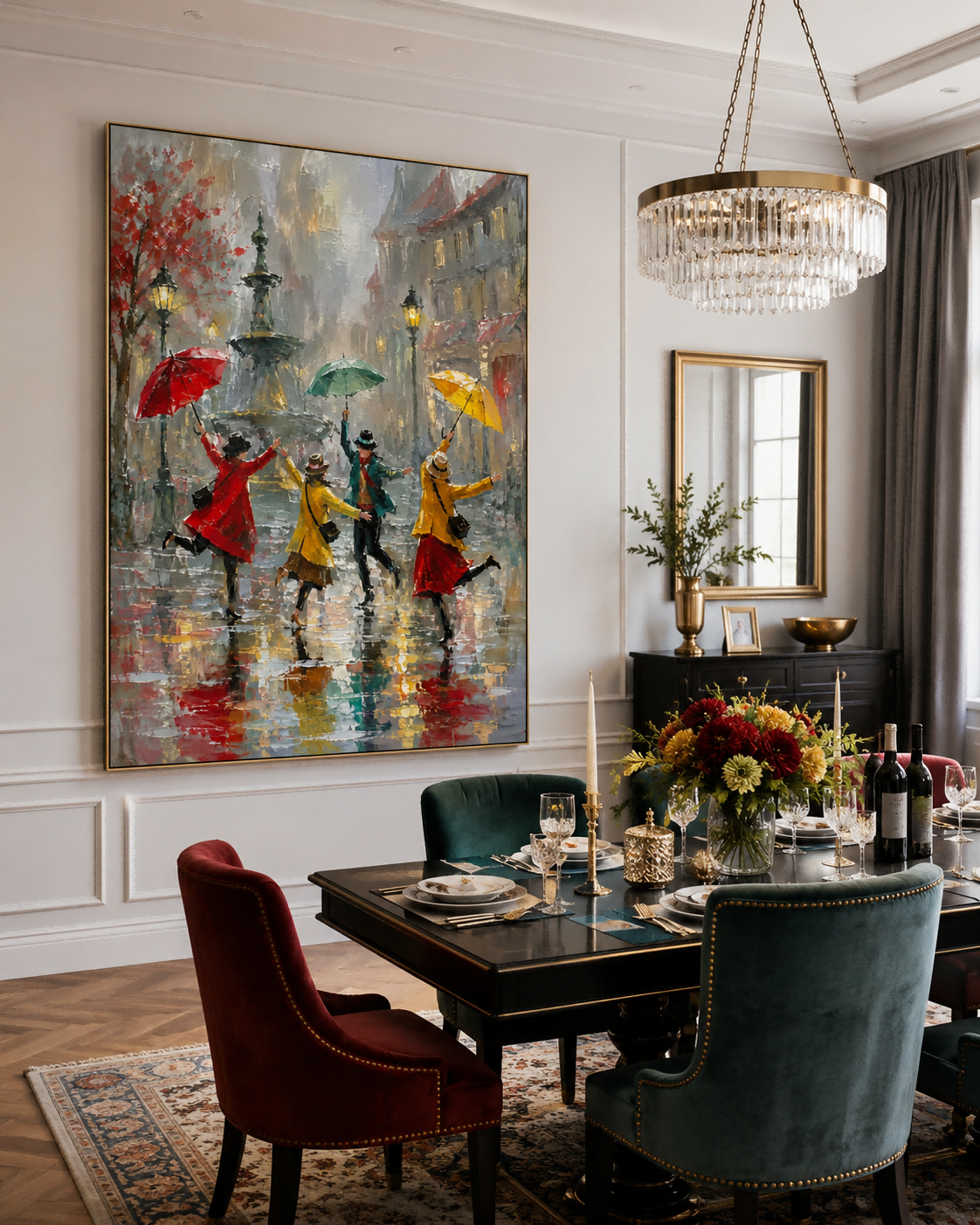 Colorful Umbrella Street Scene Canvas Art With Fountain And Lamp Post Details