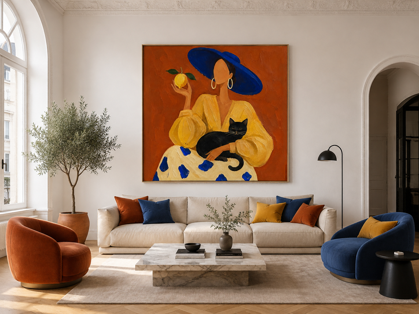 Modern Minimalist Oil Painting Of Lady With Blue Hat And Black Cat For Living Room Decor
