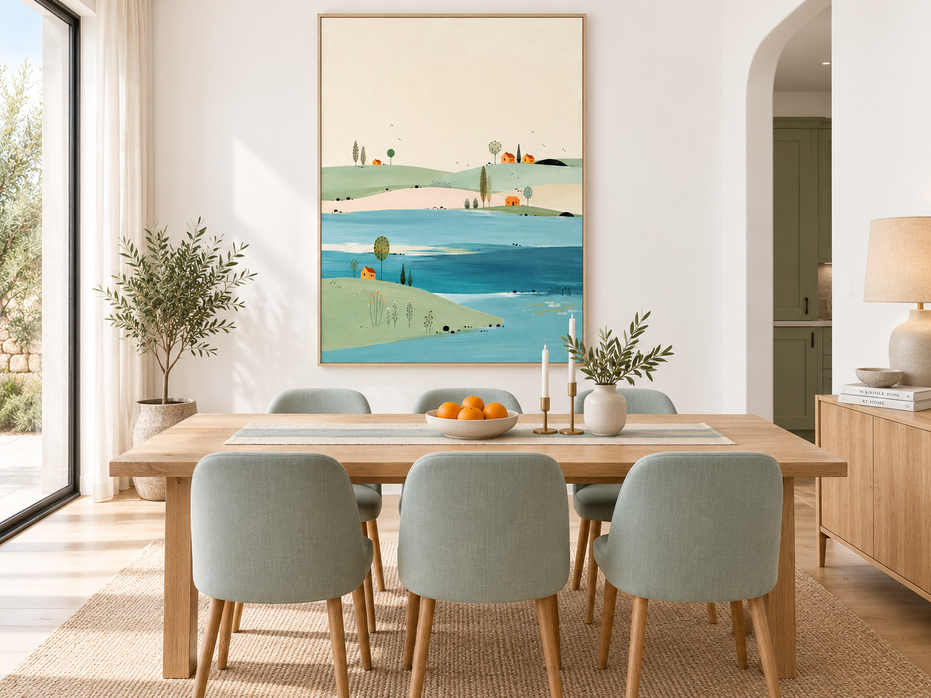 Minimalist Lake House Landscape Canvas Painting Hand-Painted Original Art