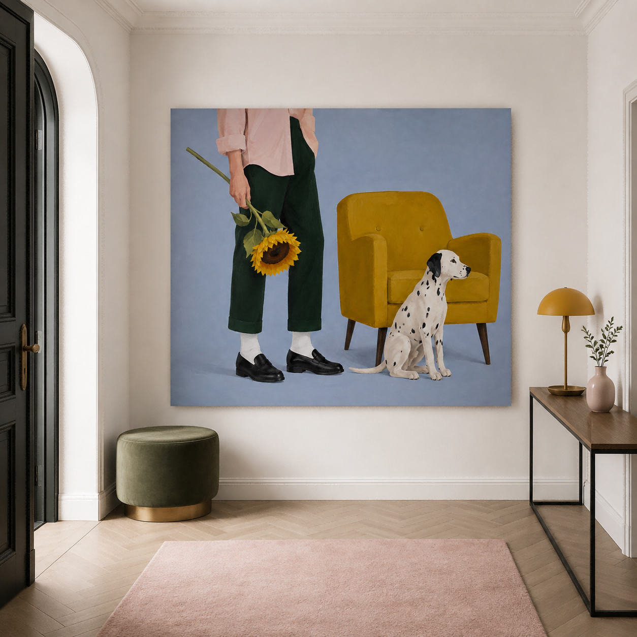 Modern Minimalist Figurative Oil Painting With Warm Tones Hand-Painted Canvas Of Man With Sunflower And Dog