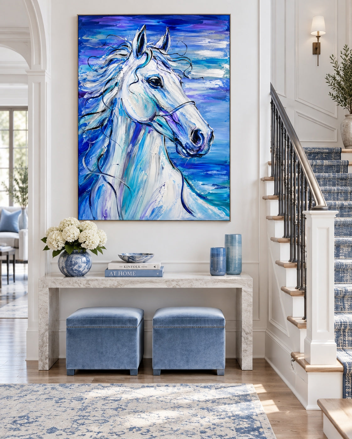 Expressive Impasto Horse Oil Painting With Dreamy Violet And Cobalt Hues