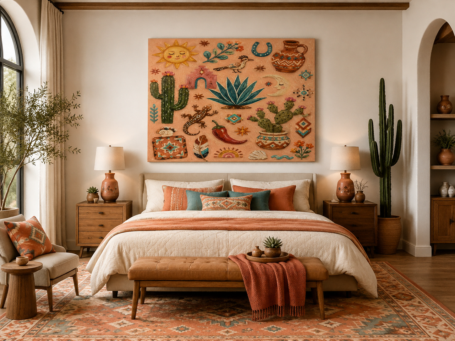 Bohemian Desert Sunset Wall Art With Geometric Cactus And Lizard For Living Room