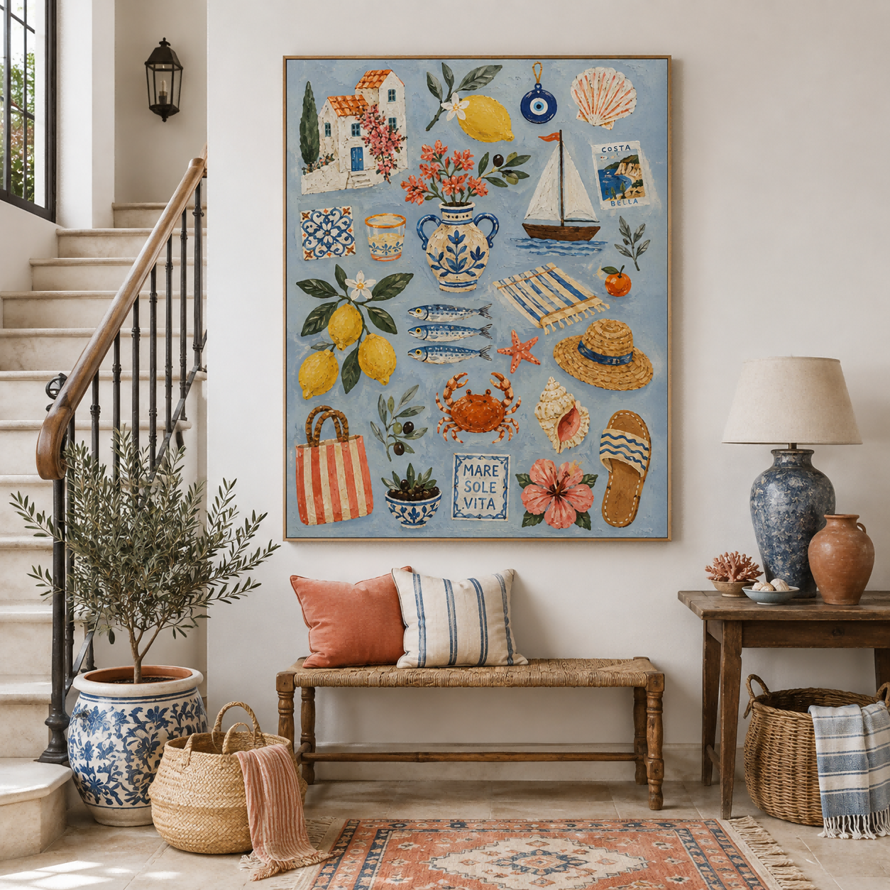Mediterranean Bohemian Square Canvas Art With Lemons And Sea Life For Bright Living Room