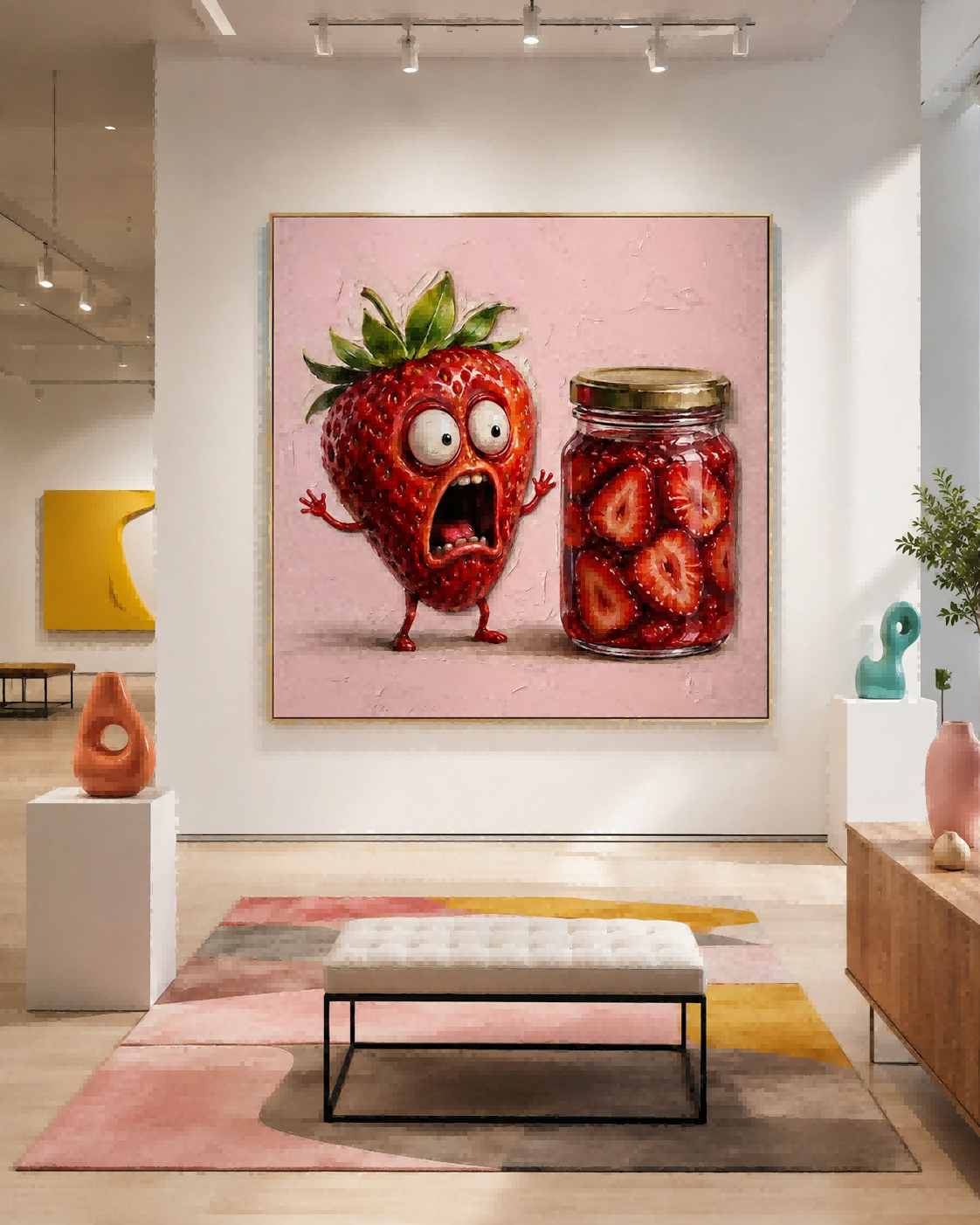 Surreal Strawberry Character Art With Abstract Elements Hand Painted Canvas For Playful Living Room And Dining Area Design