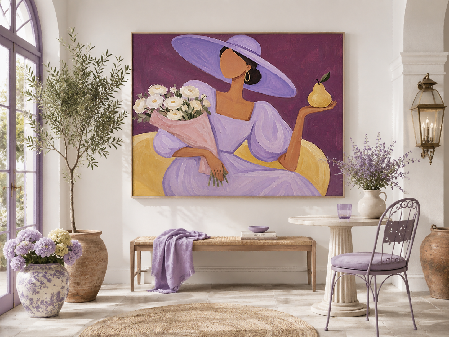 Abstract Female Figure With Yellow Pear And White Roses Modern Art Print Square Framed Canvas
