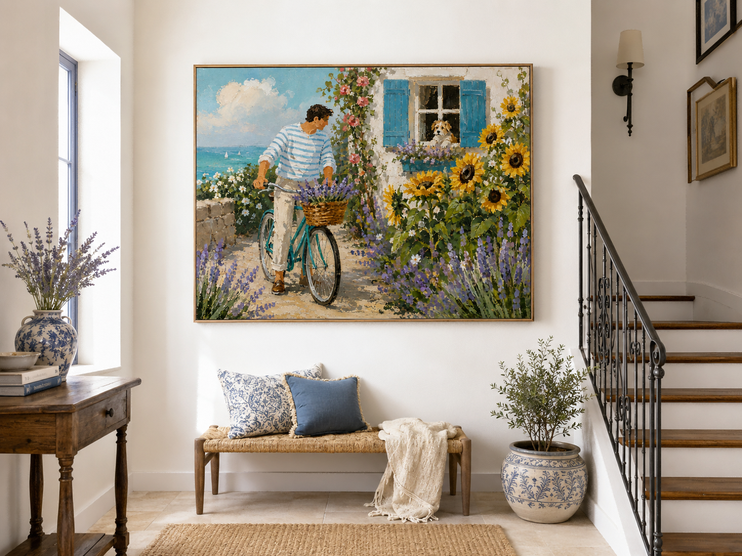 Man With Bicycle And Dog Coastal Landscape Hand-Painted Canvas Art