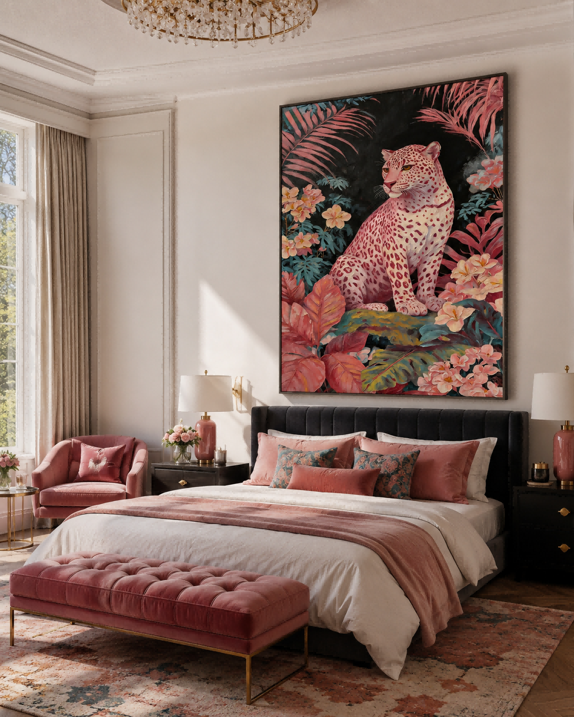 Pink Leopard Painting In Tropical Jungle For Modern Living Room Wall Art Decor