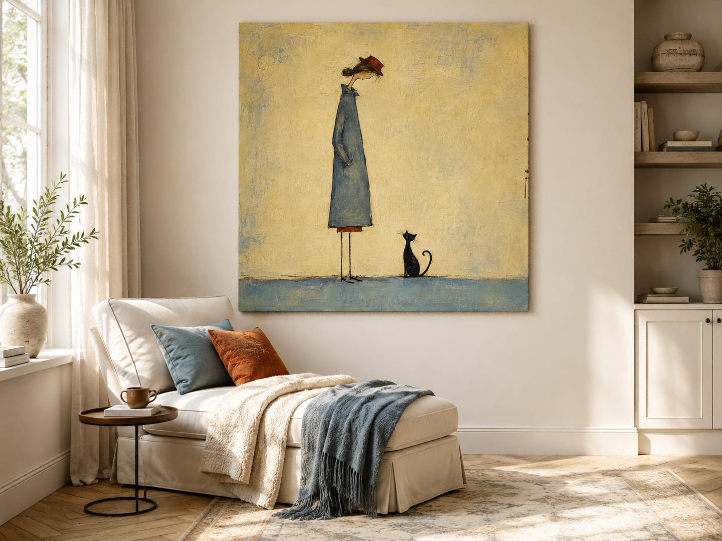 Minimalist Illustration Art Print Featuring Girl And Cat Companion