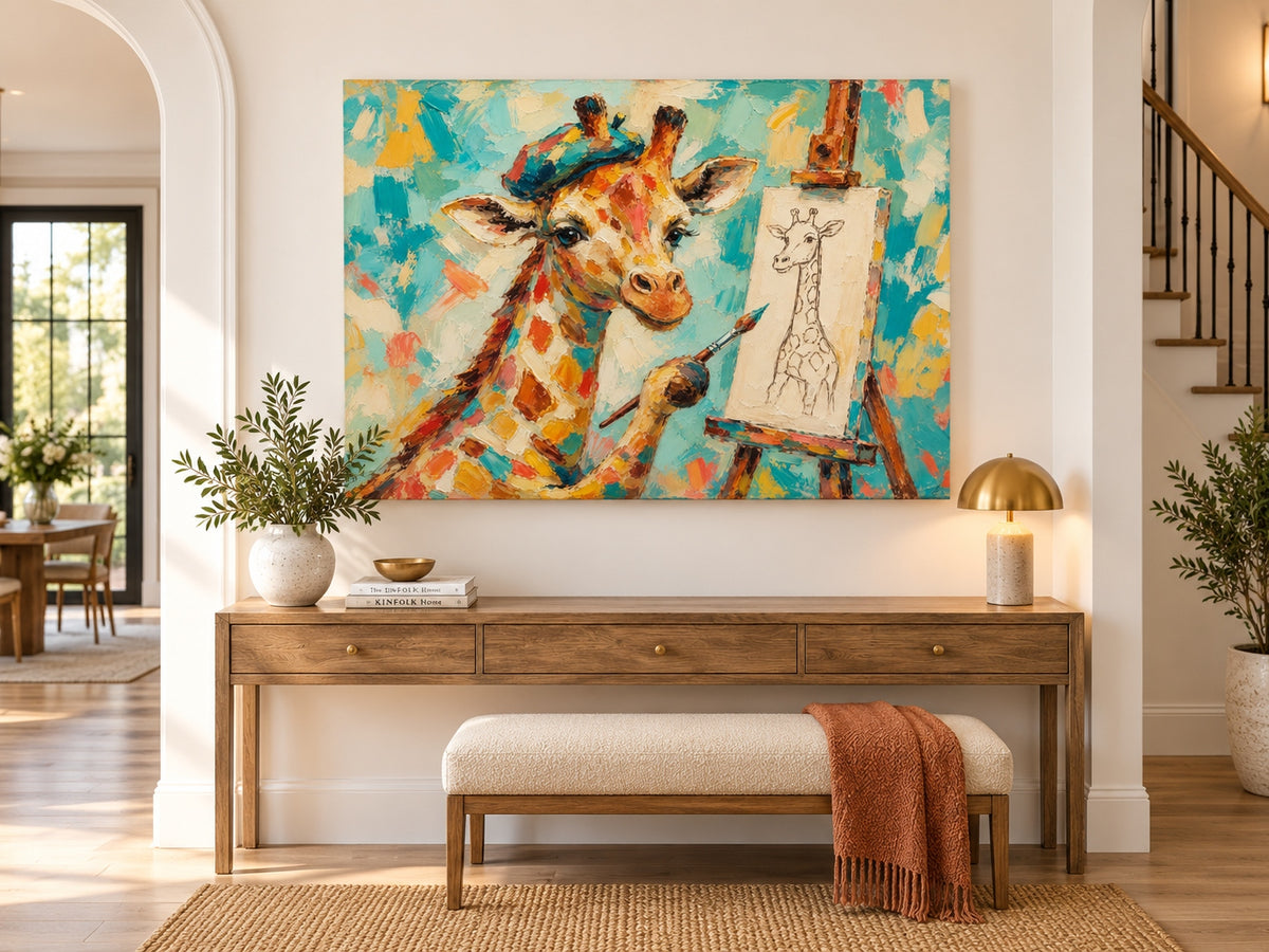 Hand-Painted Giraffe Artist Canvas Painting With Beret And Easel