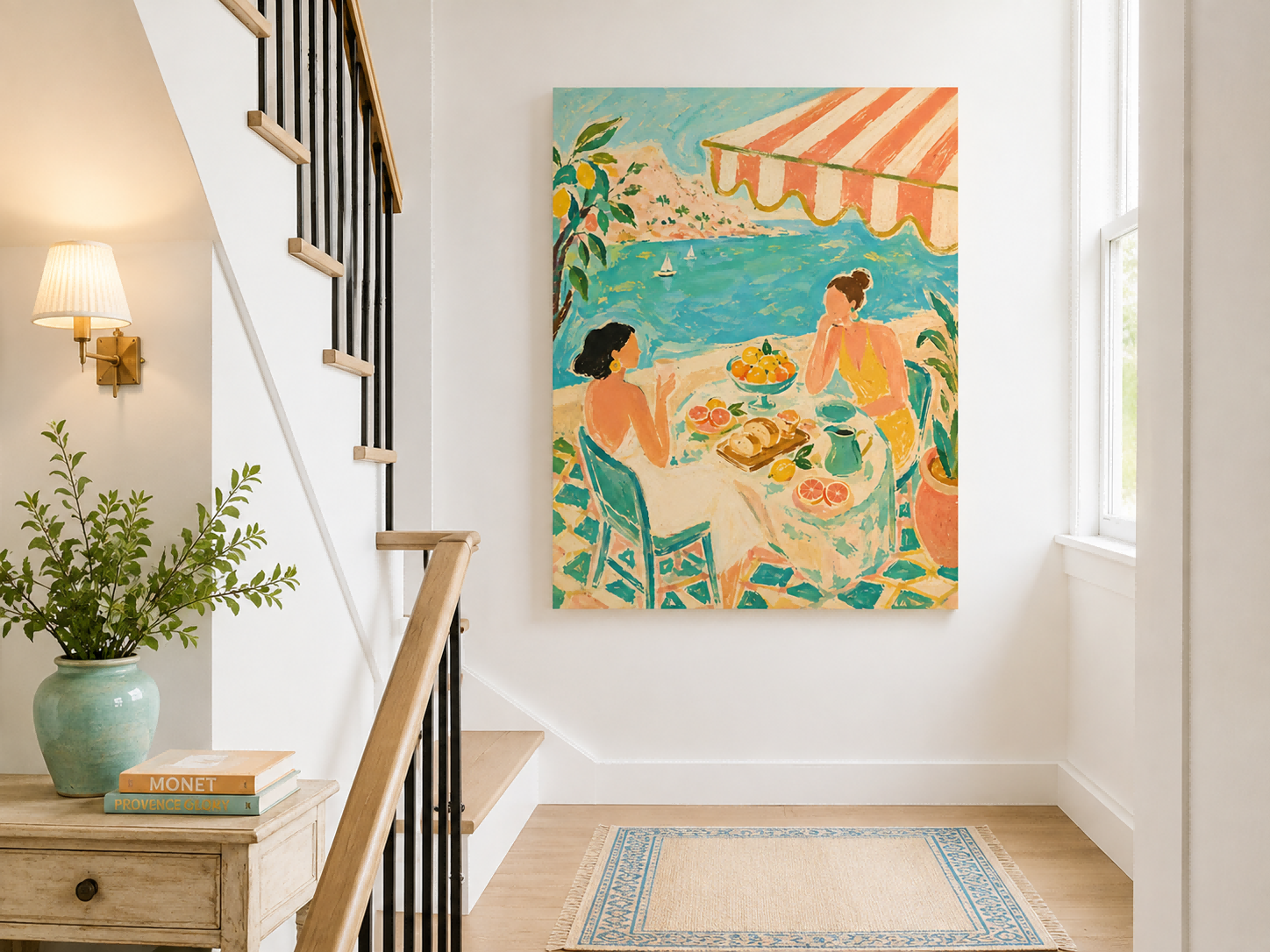 Seaside Tea Party Women Art Deco Canvas Painting With Citrus And Ocean View