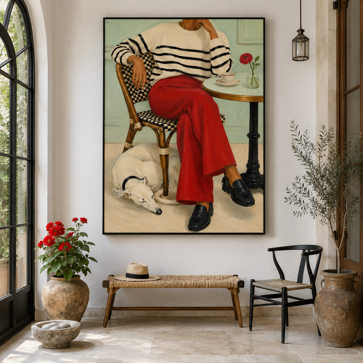 Modern Realist Portrait Of Woman And Pet Casual Elegance Hand-Painted Canvas Artwork