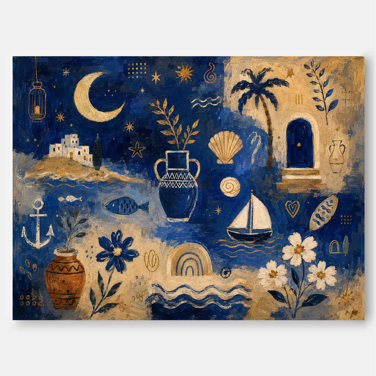 Abstract Modern Vintage Style Painting With Geometric Sea Motifs