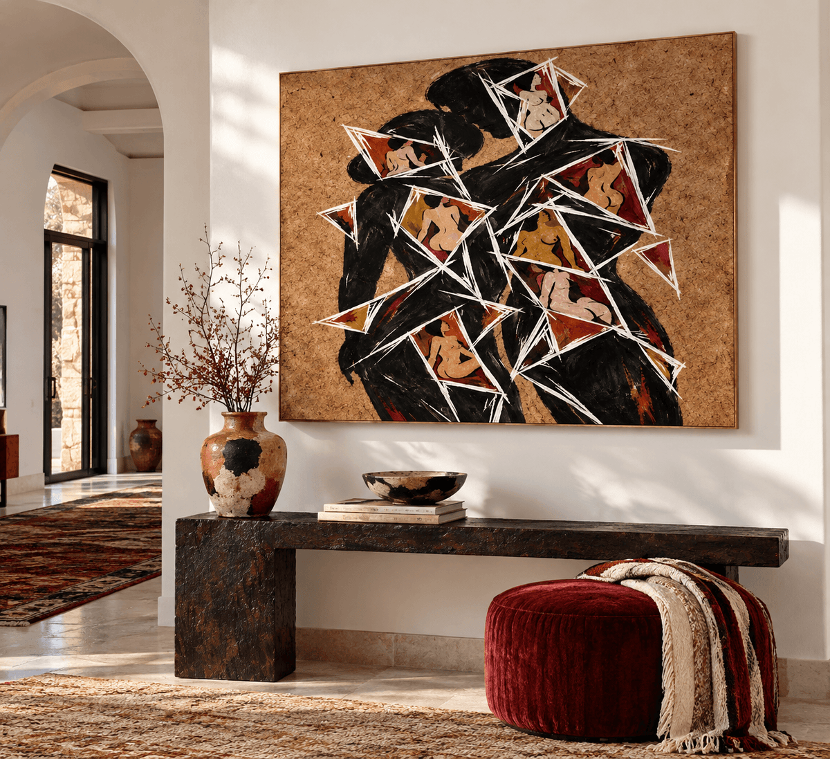 Abstract Lovers Silhouette Hand-Painted Canvas Art With Geometric Shards Cubist Romantic Art