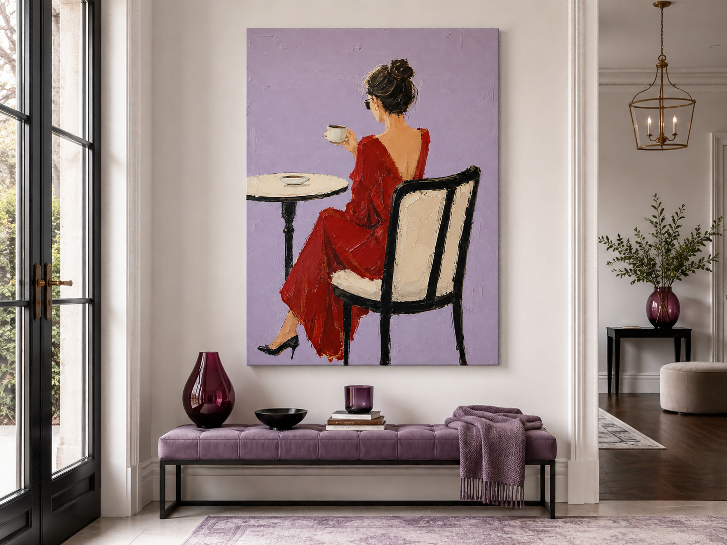 Elegant Red Dress Woman Painting Minimalist Purple Background Impasto Oil Art For Living Room Decor