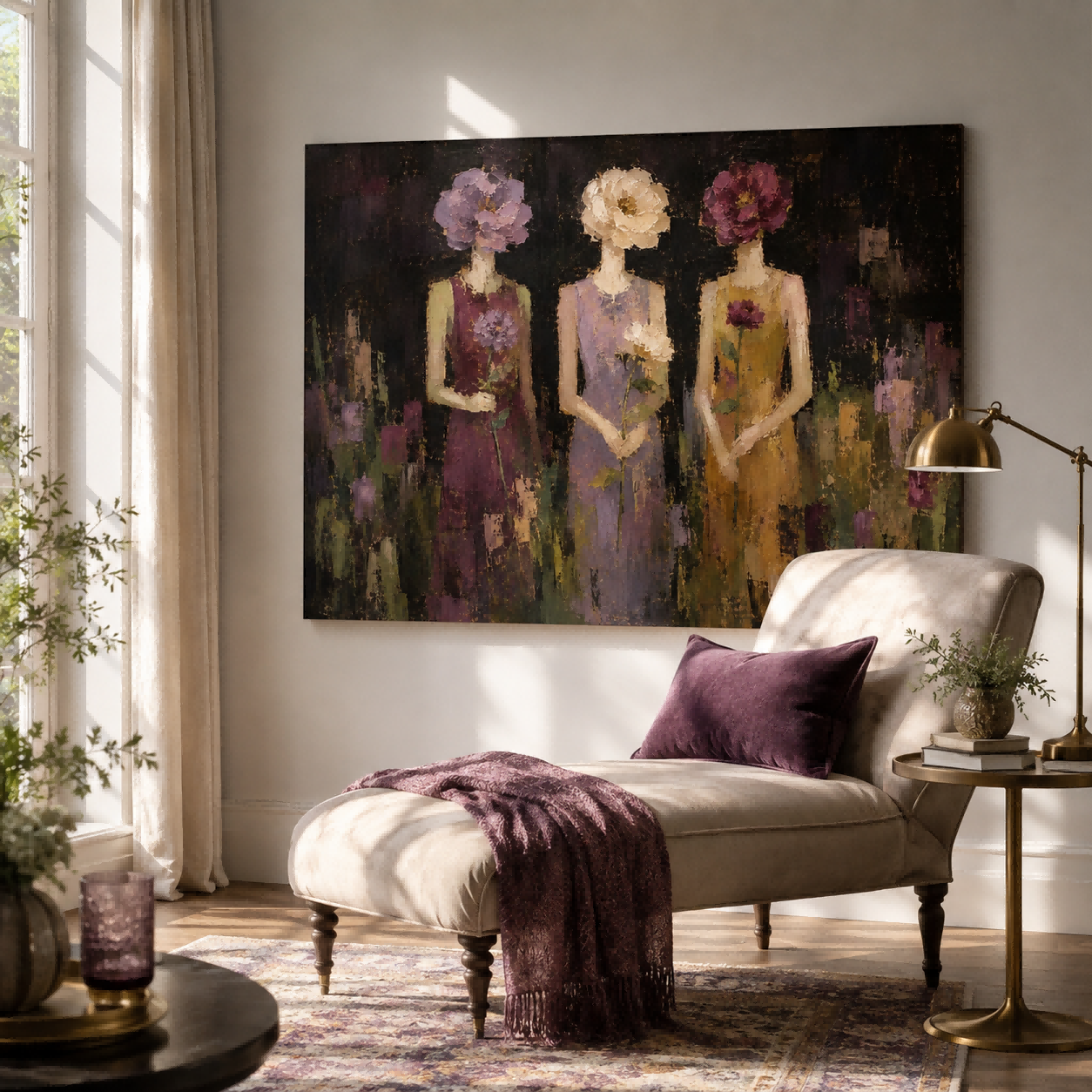 Abstract Figurative Painting Of Women With Flowers In Rich Textured Oil Style