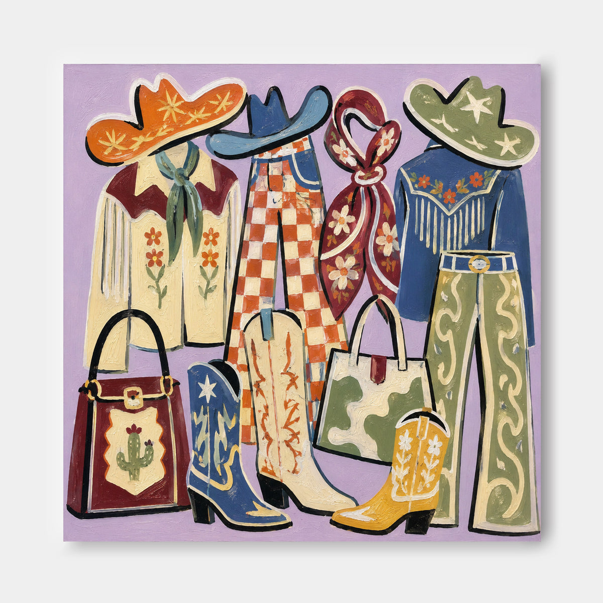 Vintage Pop Art Canvas Painting Of Cowboy Outfits In Purple Tone Handmade Original Wall Decor