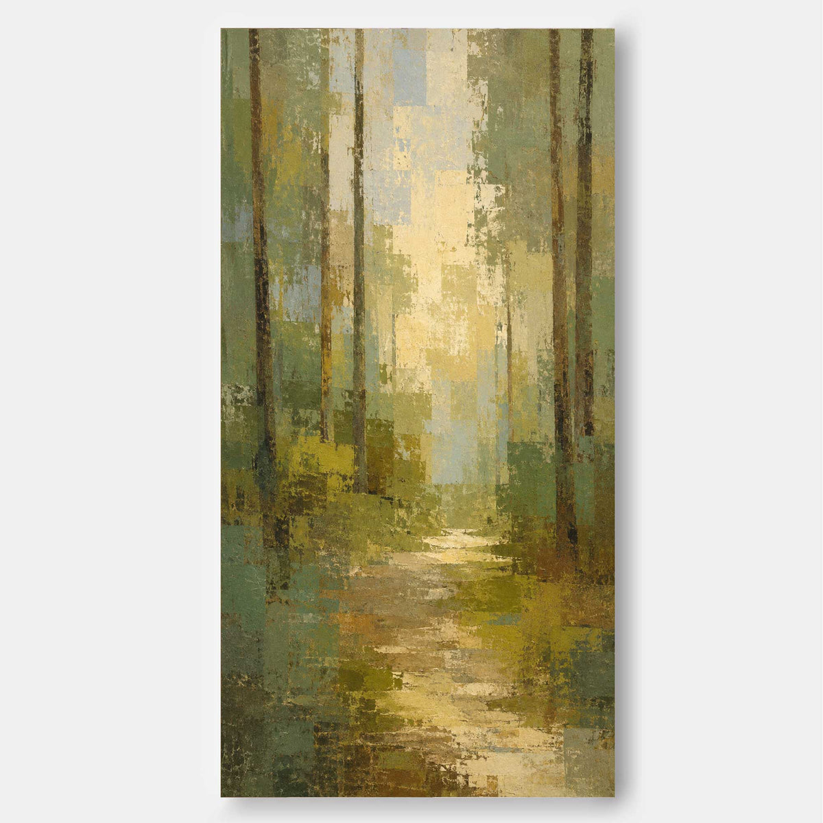 Abstract Forest Path Hand-Painted Canvas Art With Green And Gold Tones