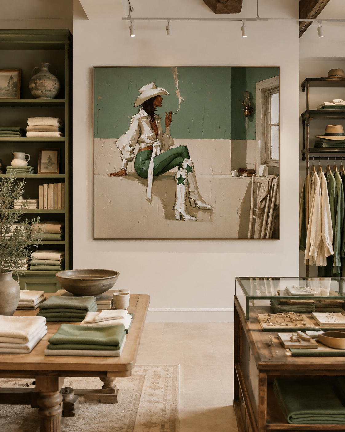 Modern Western Cowgirl Art Painting With Green And White Tones For Living Room Decor