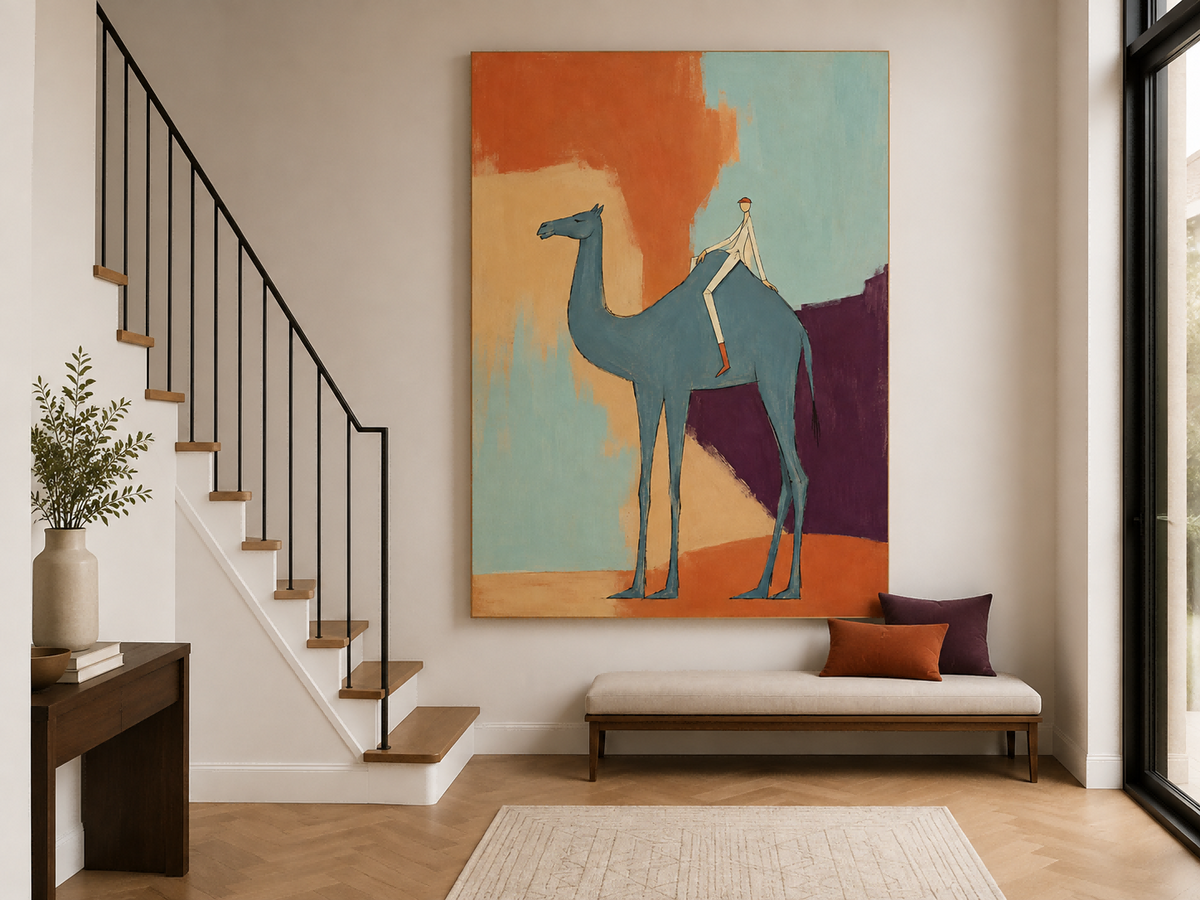 Creative Modernist Figurative Art With Bold Colors And Unique Composition Blue Camel And Rider Abstract Canvas Painting With Color Block Background