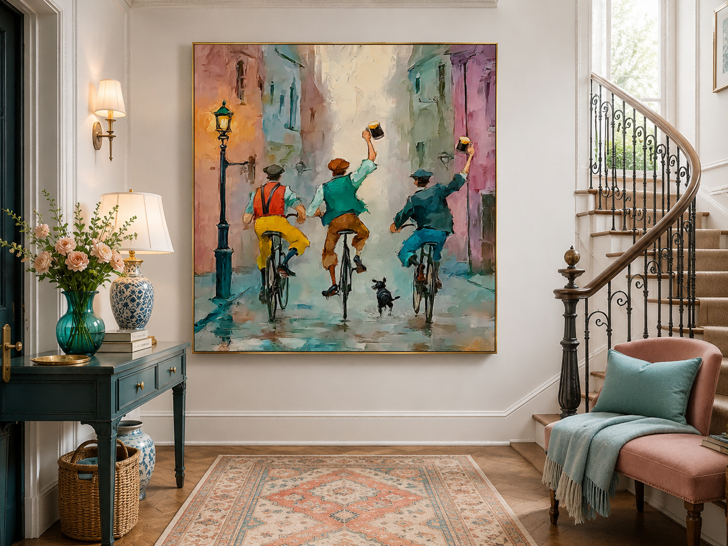 Textured Urban Narrative Painting Featuring Cyclists Dog And Reflections For Modern Home Interior Design