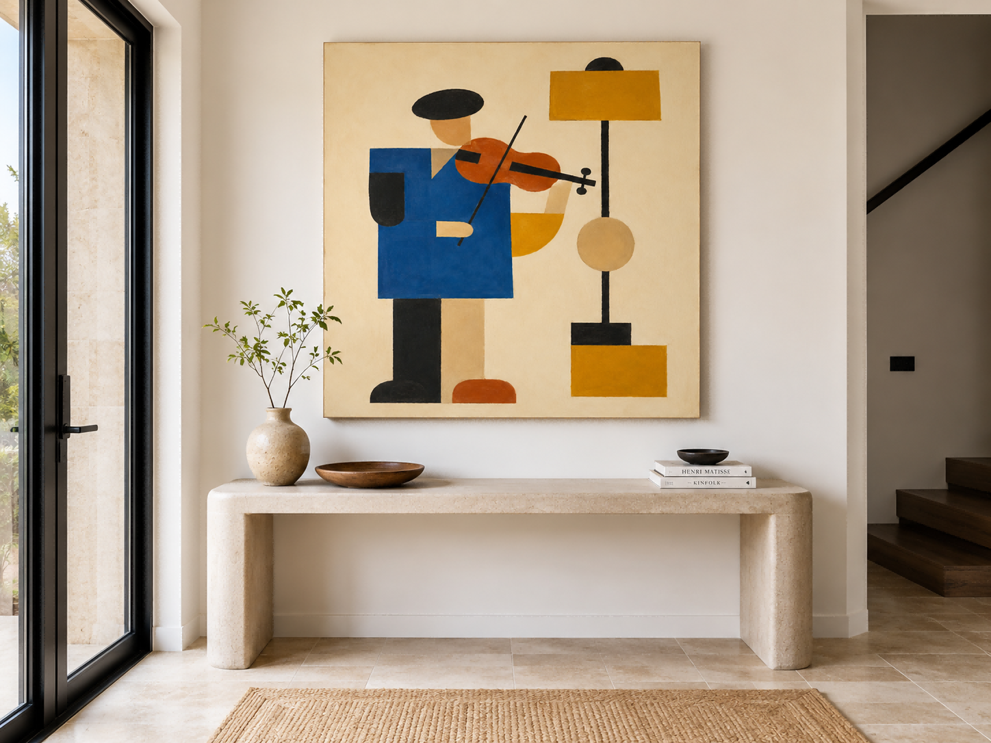 Minimalist Cubist Style Oil Painting Abstract Figure With Violin Artwork