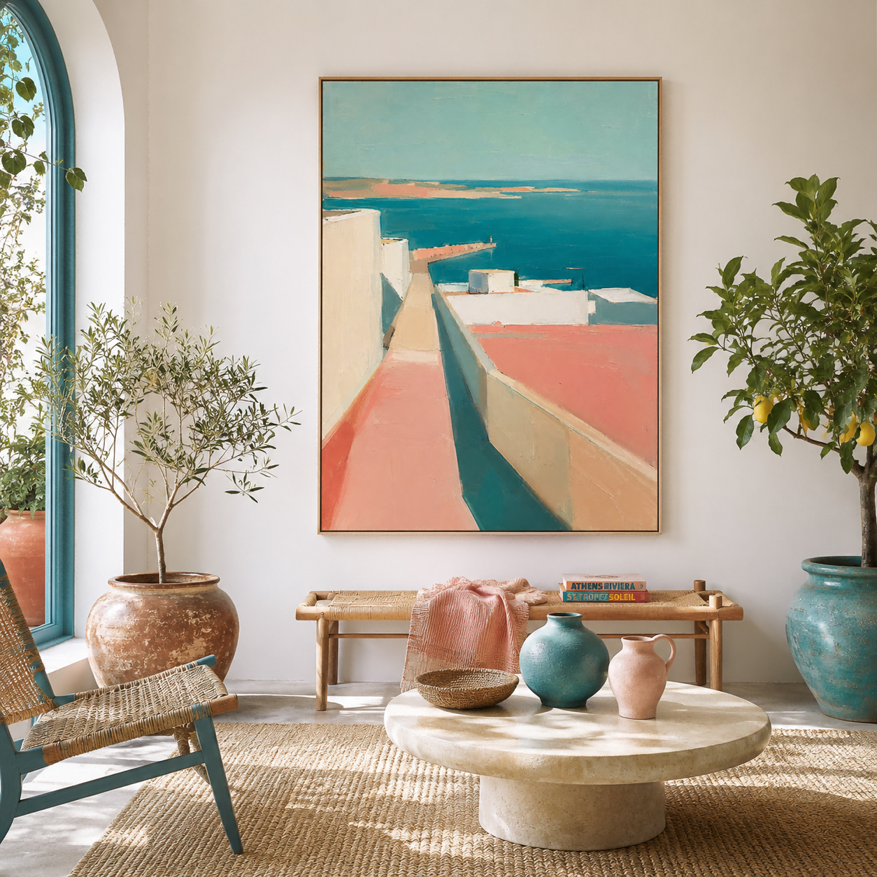 Abstract Coastal Architecture Art With White Buildings And Turquoise Sea Vertical Canvas