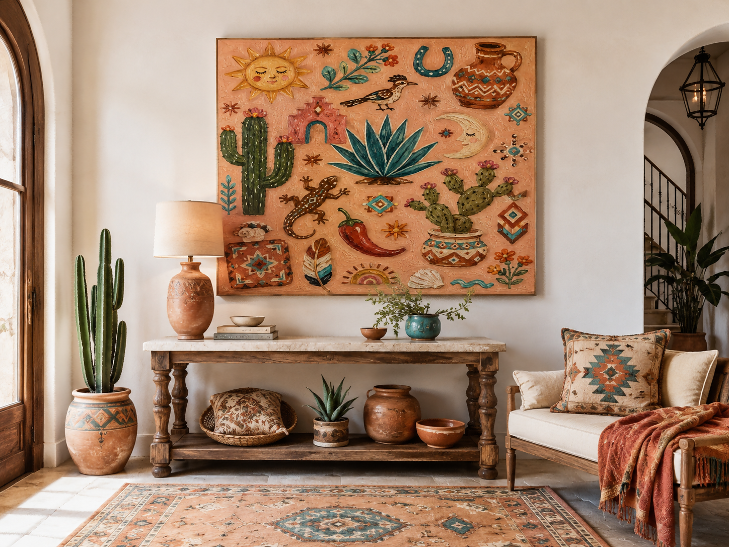 Bohemian Desert Sunset Wall Art With Geometric Cactus And Lizard For Living Room