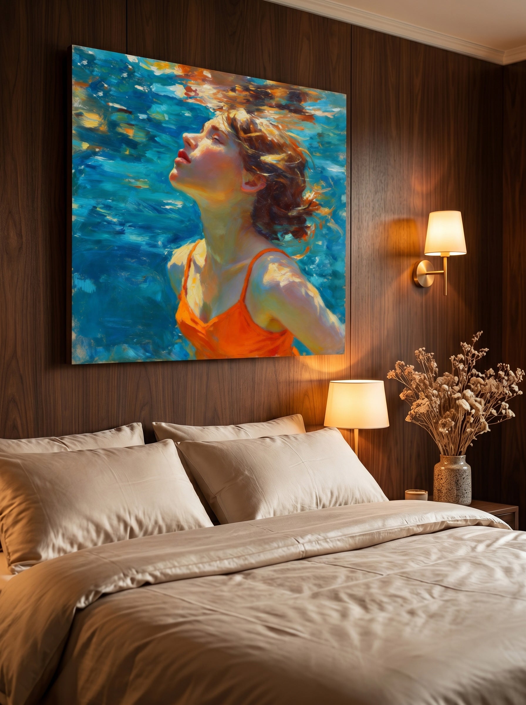 Serene Woman Swimming In Blue Water Original Oil Painting For Modern Home Decor