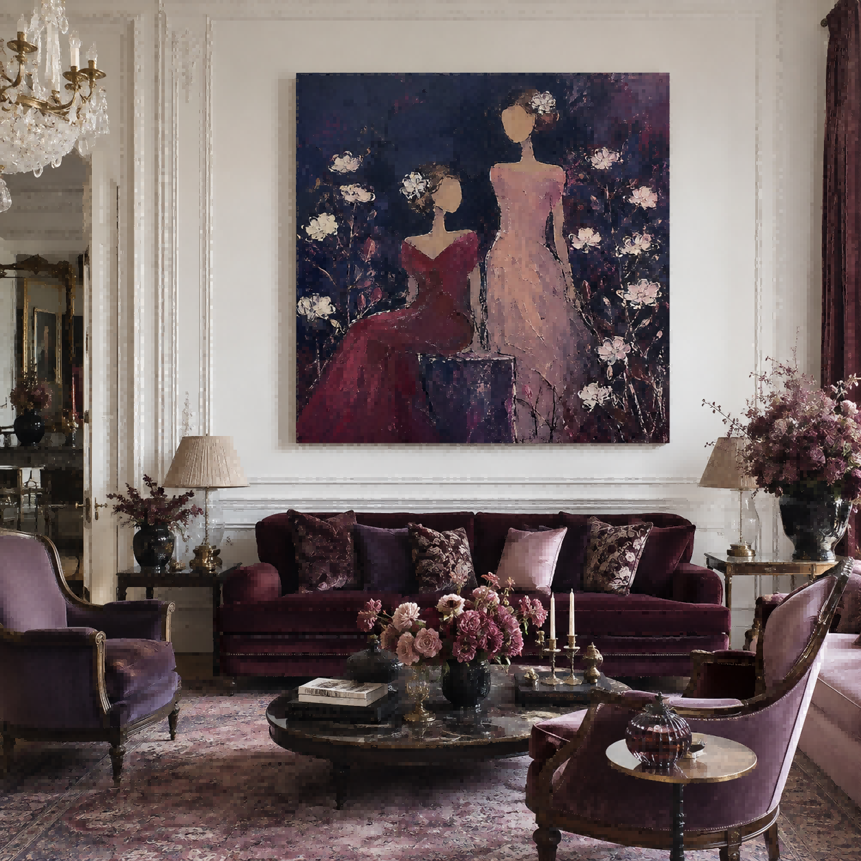 Vintage Faceless Women Painting With Flowers In Purple And Red For Bedroom Wall Art Decor