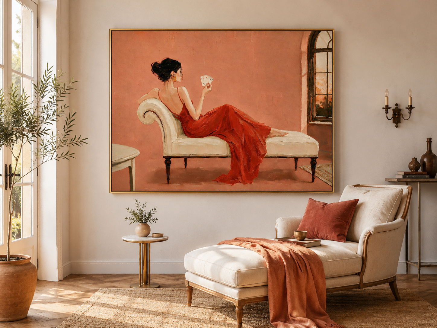 Elegant Woman In Red Dress Oil Painting For Bedroom Wall Art Decor