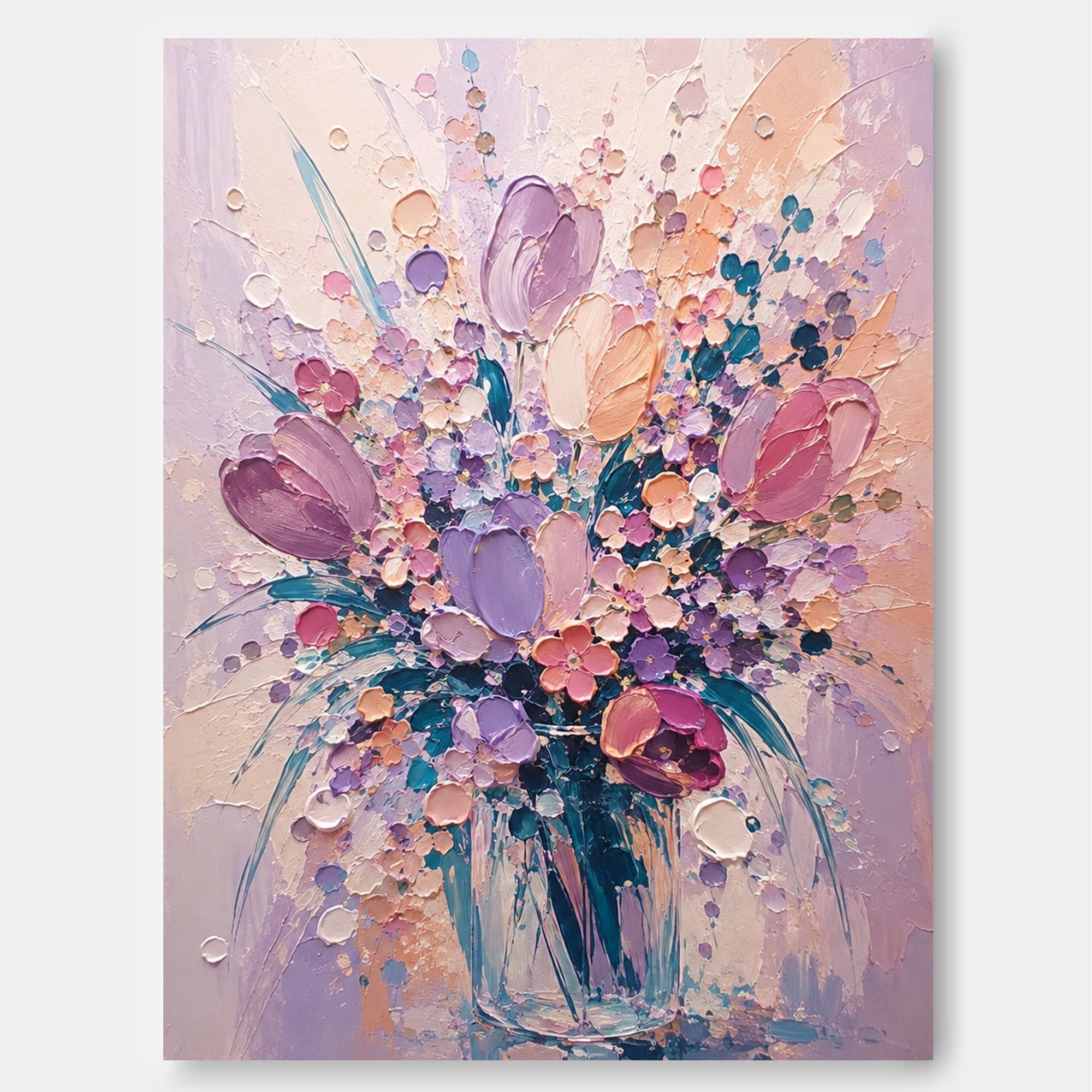 Abstract Tulip Flower Bouquet Hand-Painted Canvas Wall Art In Lavender And Pink