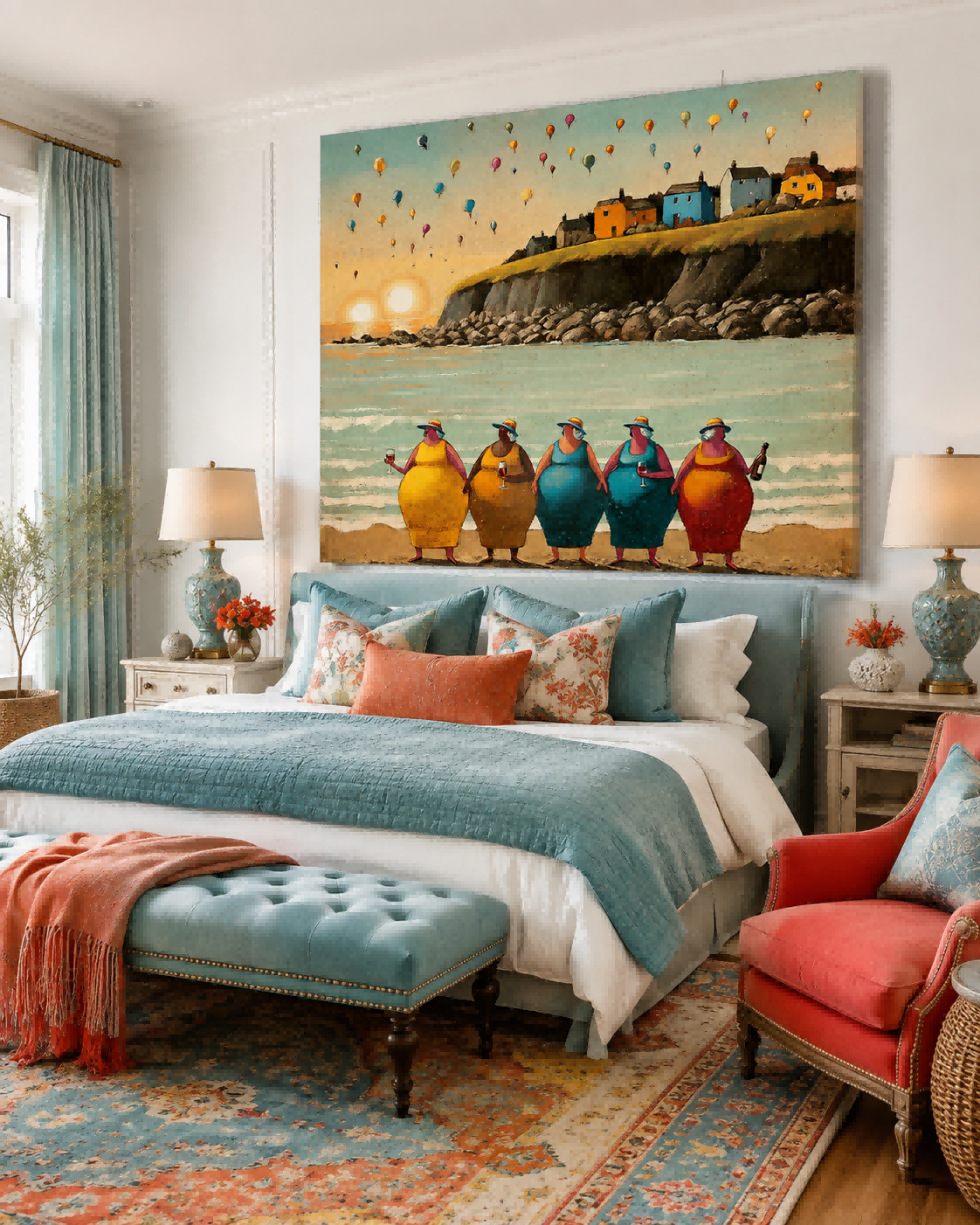 Colorful Women By The Sea Square Canvas Art For Living Room Decor